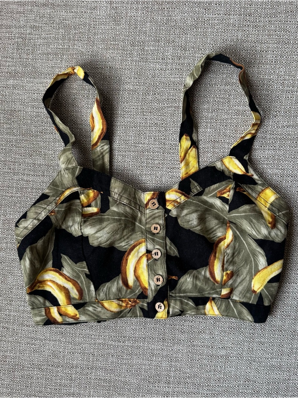 Black banana leaf Tropical print Button-Front Crop bustier Tank Top size Small - Picture 1 of 7